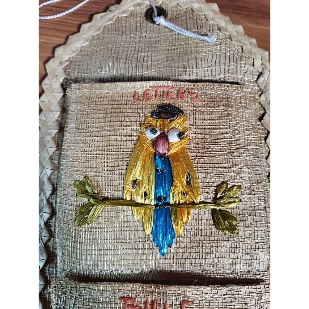 Vtg MCM‎ Owl Straw Woven Mail Organizer Letter Bills Boho Wall Hanging Hippie